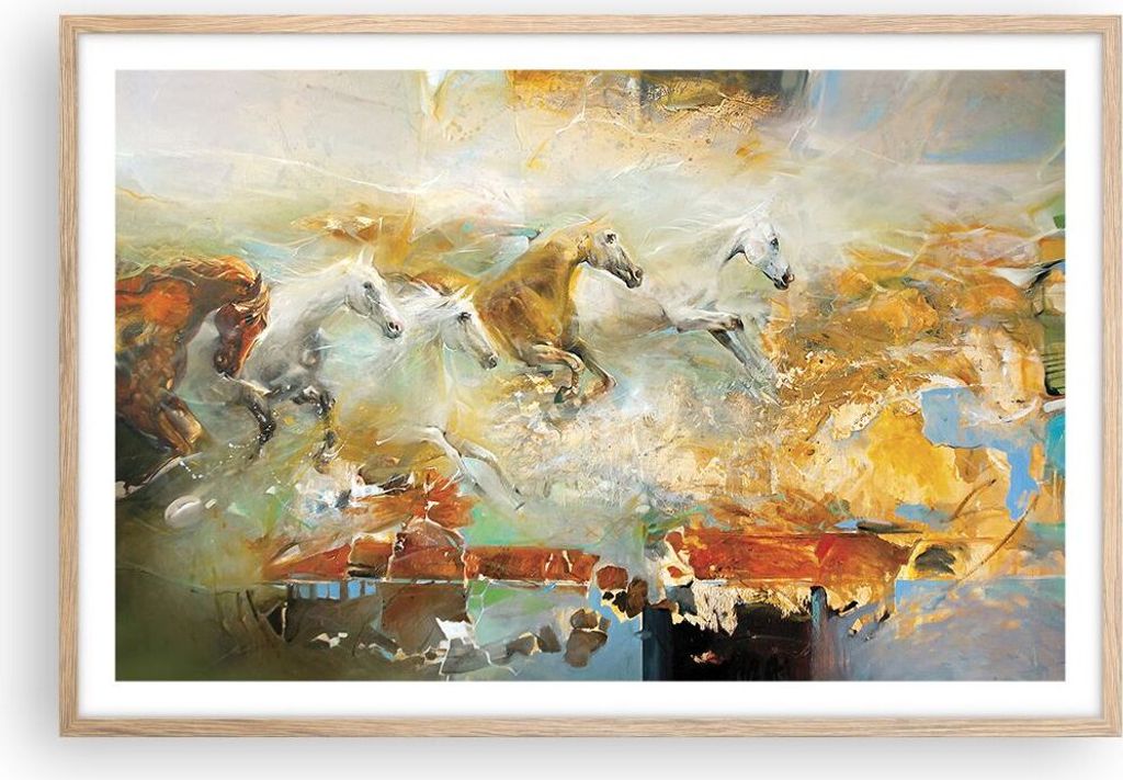 Gerahmtes Poster - Rahmen in heller Eiche - Pferde Galopp Modern - 91,5x61 cm - Wand Bild - Wanddeko - Wandbilder - Kunstposter - Wandposter - Bild...
