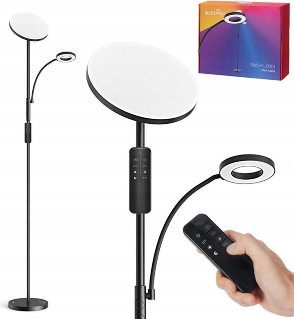 A collage of images showing a floor lamp with two heads, a remote control, and its packaging.