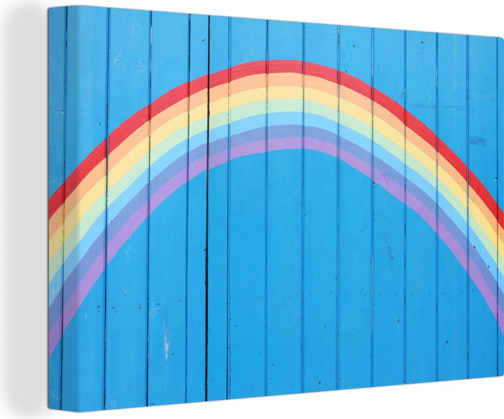 OneMillionCanvasses - Leinwandbilder - 140x90 cm, Ein gemalter Regenbogen auf einem Holzzaun, Wandbilder Kunstdruck Wanddekoration - Foto auf Lei...