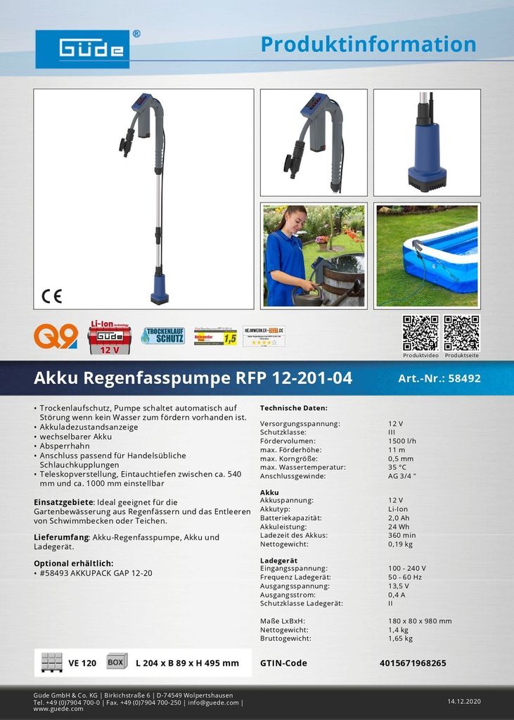 GÜDE Batériové čerpadlo do suda na vodu RFP 12-201-04 Obrázok produktu 18