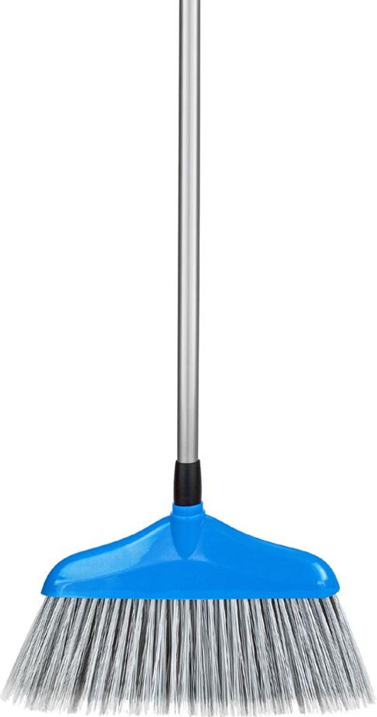 A broom with a blue head and silver handle against a white background.