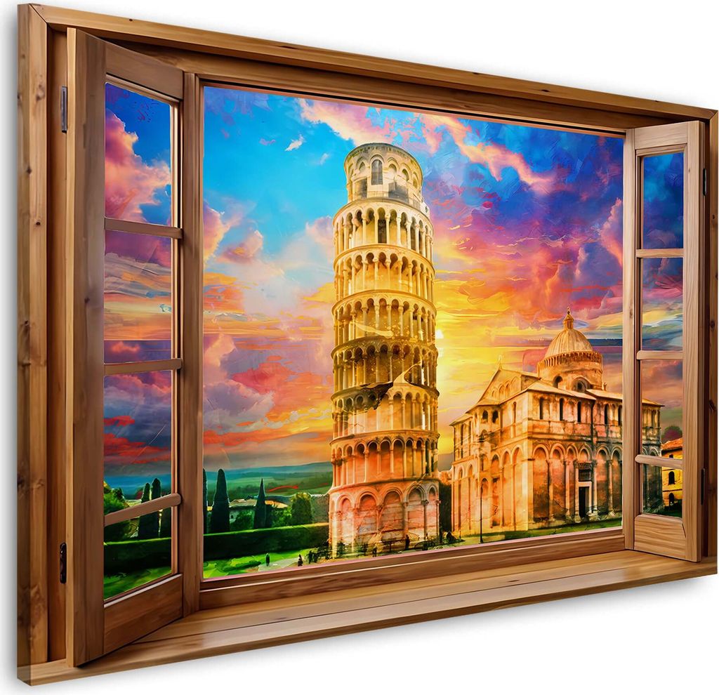 Fensterblick auf Pisa Italien mit schiefem Turm und Sonnenuntergang Wanddeko: 90x60x2cm