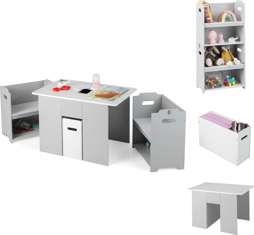 GOPLUS 3 TLG. Kindersitzgruppe aus Holz, 4-in-1 Kindermöbel Set mit Mehreren Ablageflächen & ausziehbare Aufbewahrungsbox, für Kinder ab 3 Jahren