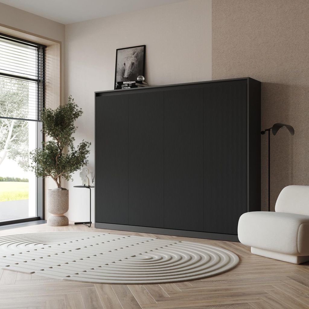 SMARTBett Set 140-Schrankbett Horizontal WAVES mit 2 Nachtkonsolen Anthrazit/Anthrazit WAVES