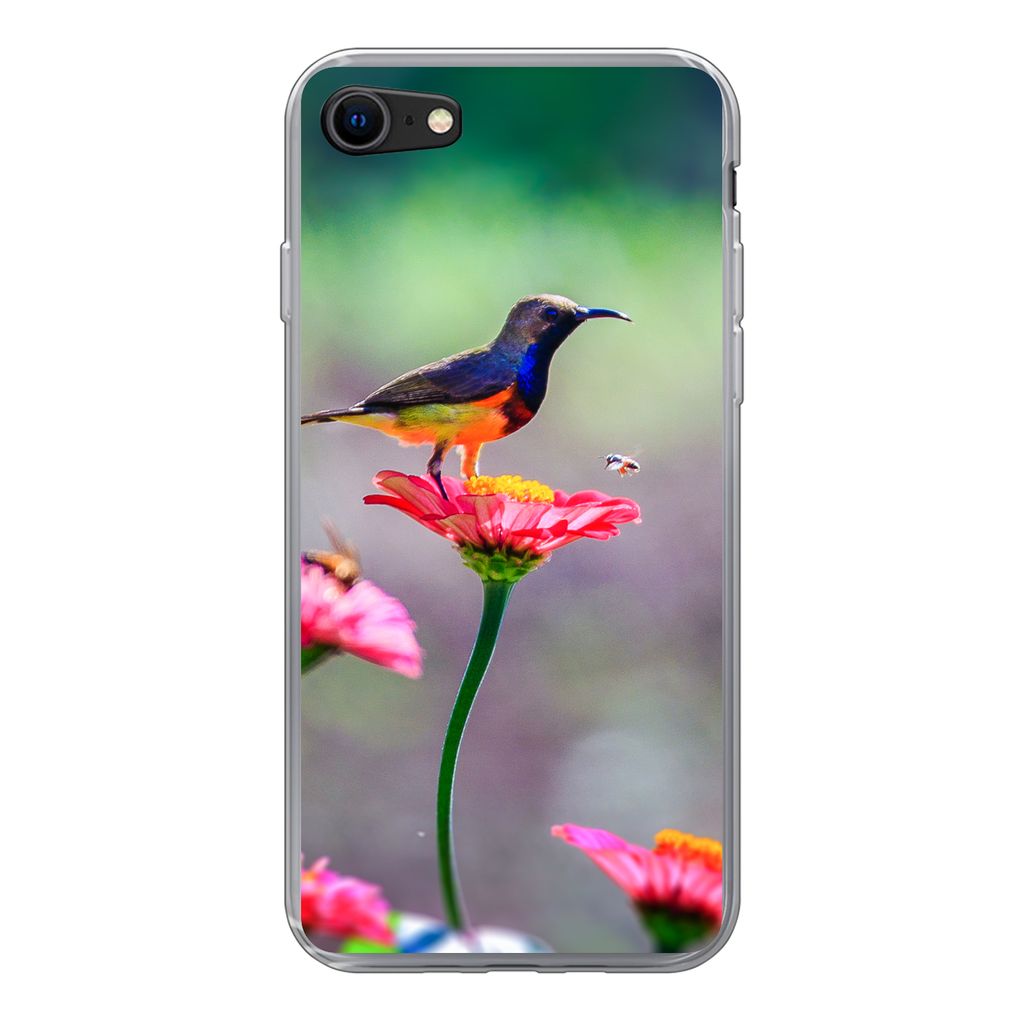 MuchoWow Handyhülle Schutzhülle Hülle für iPhone SE 2022 Nahaufnahme eines Kolibris auf rosa Blüten Silikon Softcase Handy Hülle - Schutzh...