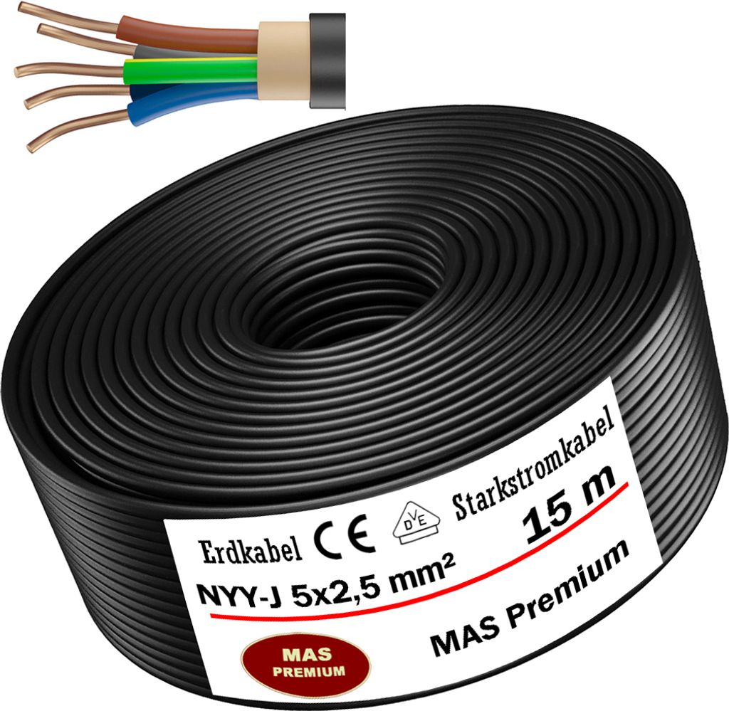 Erdkabel Starkstromkabel 15 m NYY-J 5x2,5 mm² Elektrokabel Produktbild 