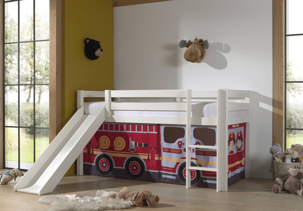 Vipack Halbhohes Bett PINO, mit Rutsche und Textilset "FIRE RESCUE", Ausf. Kiefer massiv weiß lackiert