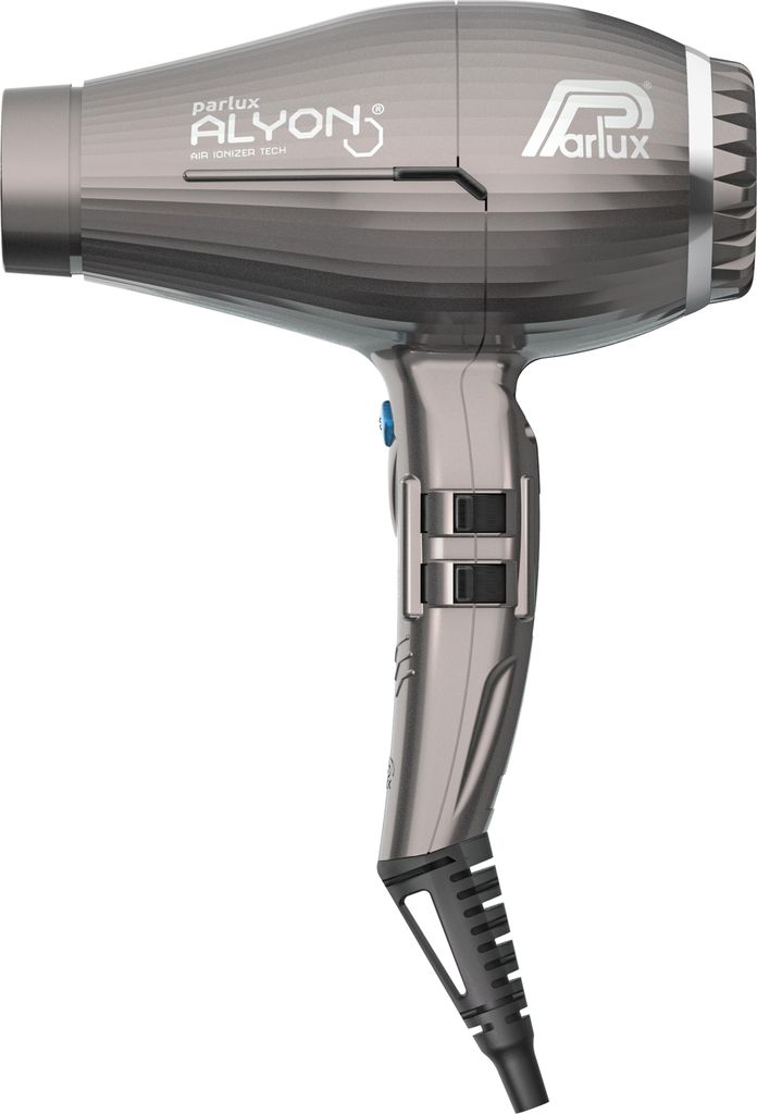 A studio shot of a gray Parlux Alyon hair dryer against a white background.