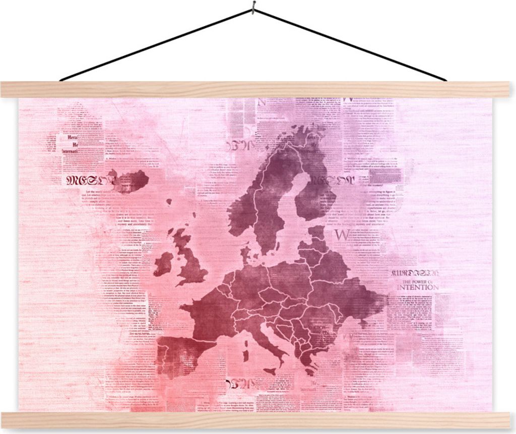 MuchoWow Textilposter Karte von Europa - Zeitung - Lila 60x40 cm mit holzfarbenen Rahmen - Bilder
