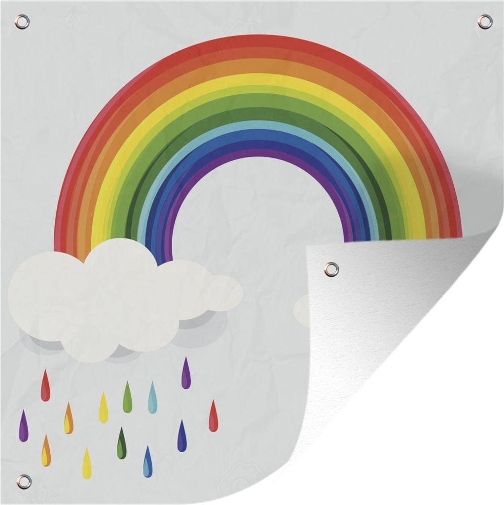 MuchoWow 100x100 cm Outdoor-Poster Gartendeko Sichtschutz Garten Poster für den Garten Eine Illustration eines Regenbogens mit Wolken und Regen...