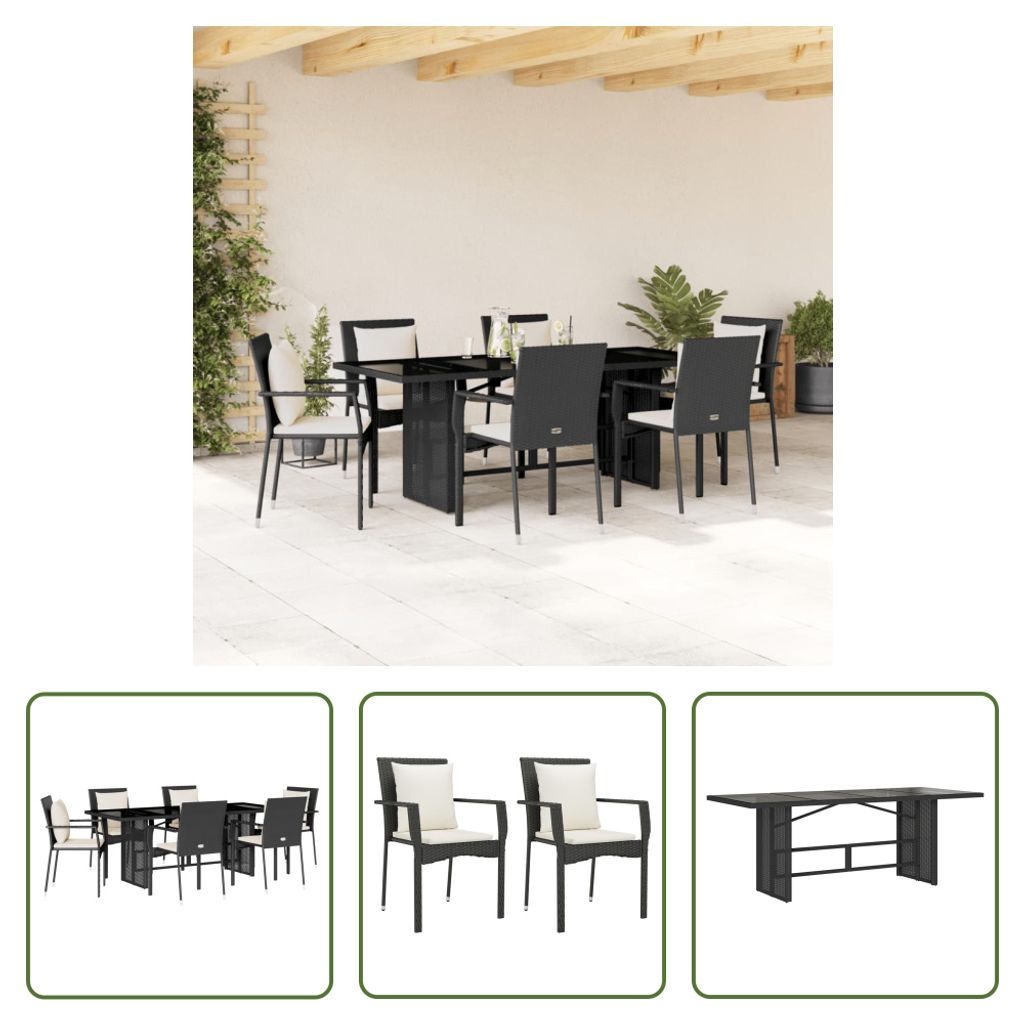 The Living Store 7-tlg. Garten-Essgruppe mit Kissen Schwarz Poly Rattan