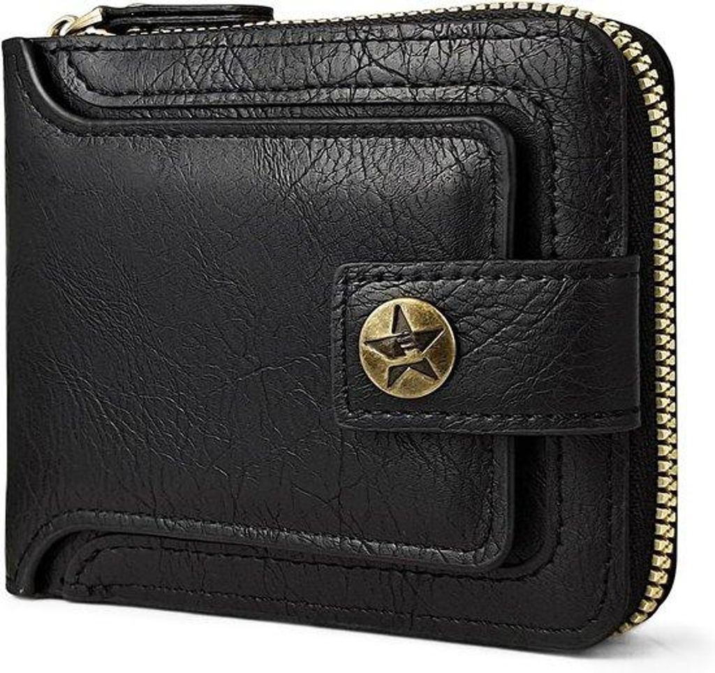 Herren Brieftasche - Mit 8 Kartenfächern & Münzfach - Schwarz Kunstleder - Druckknopfverschluss