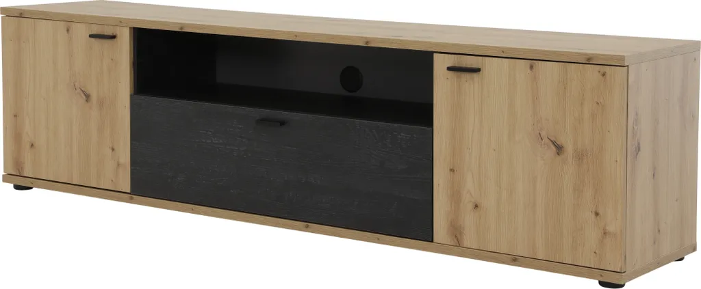 Banc TV moderne Atlanta style industriel chêne et bois noir de 180 cm
