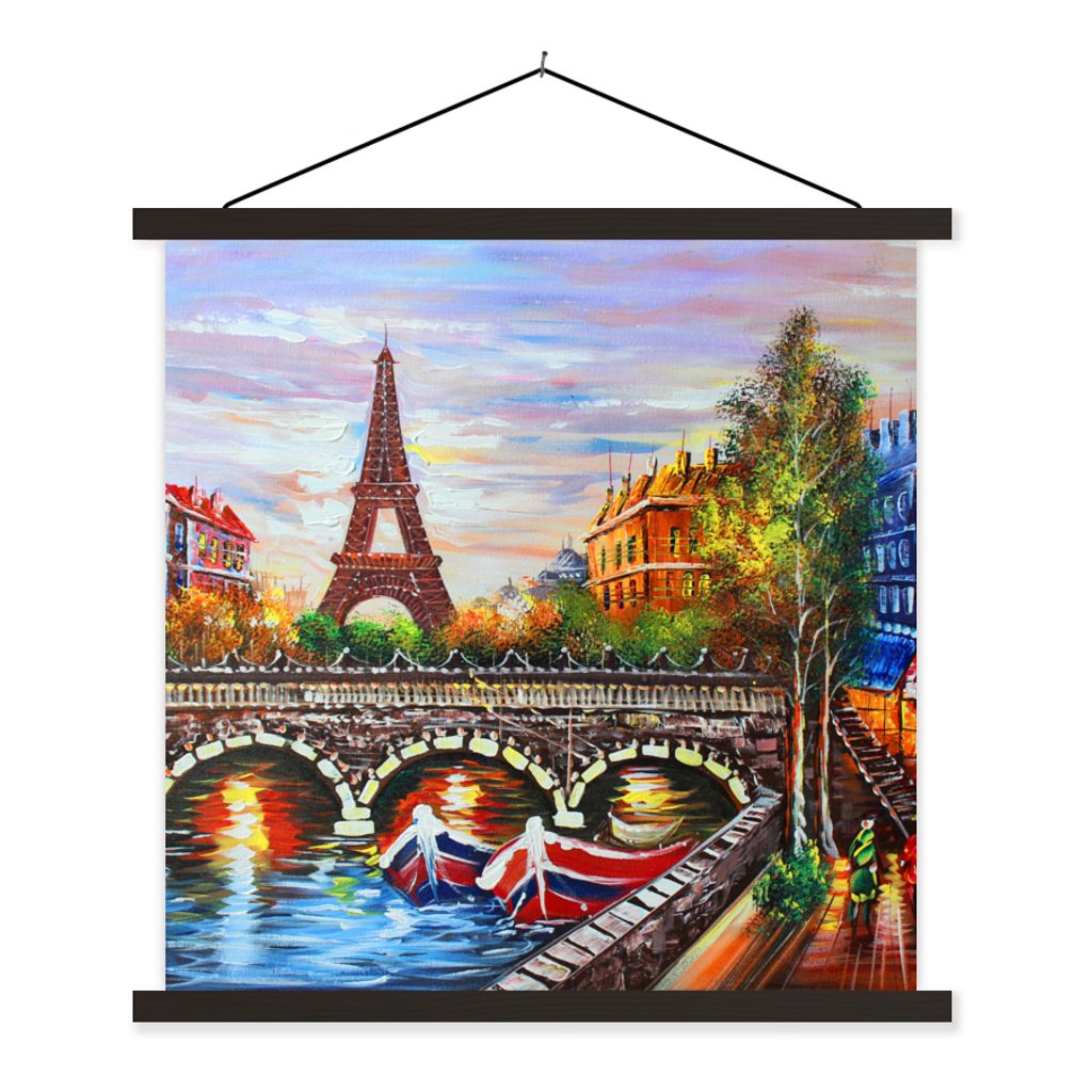 MuchoWow Textilposter Gemälde - Öl - Eiffelturm - Paris - Wasser 120x120 cm mit schwarzem Rahmen - Aufhängungsset