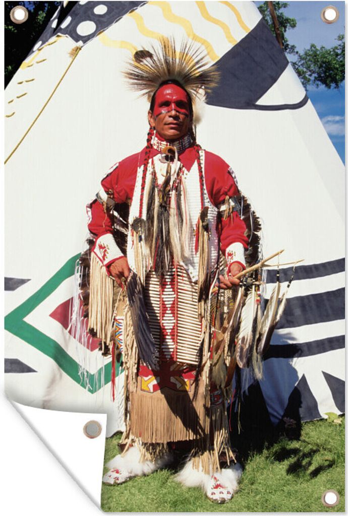 MuchoWow 80x120 cm Outdoor-Poster Gartendeko Sichtschutz Garten Poster für den Garten Ein Indianer vor einem Tipi