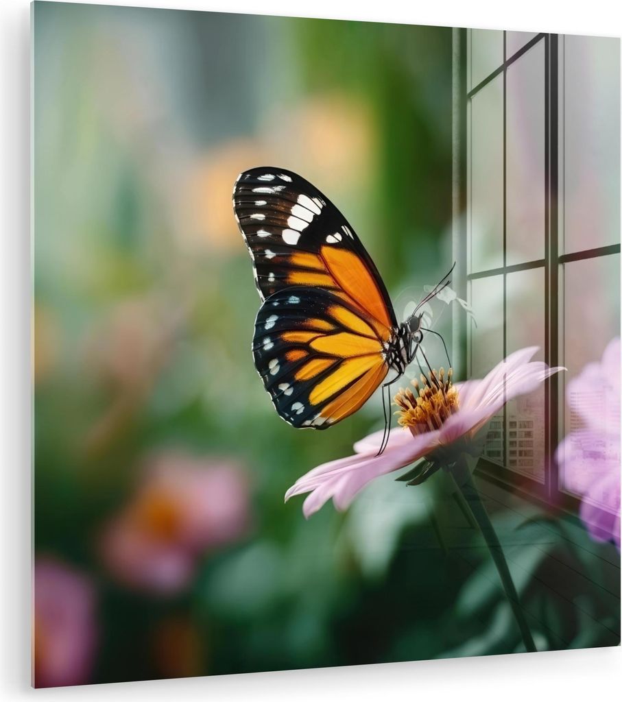 MuchoWow Glasbilder - Bilder auf Wandbild - Foto auf Glas Rosa Blumen - Schmetterling - Weichzeichner 90x90 cm Wanddekoration aus Glas - Acrylglasb...