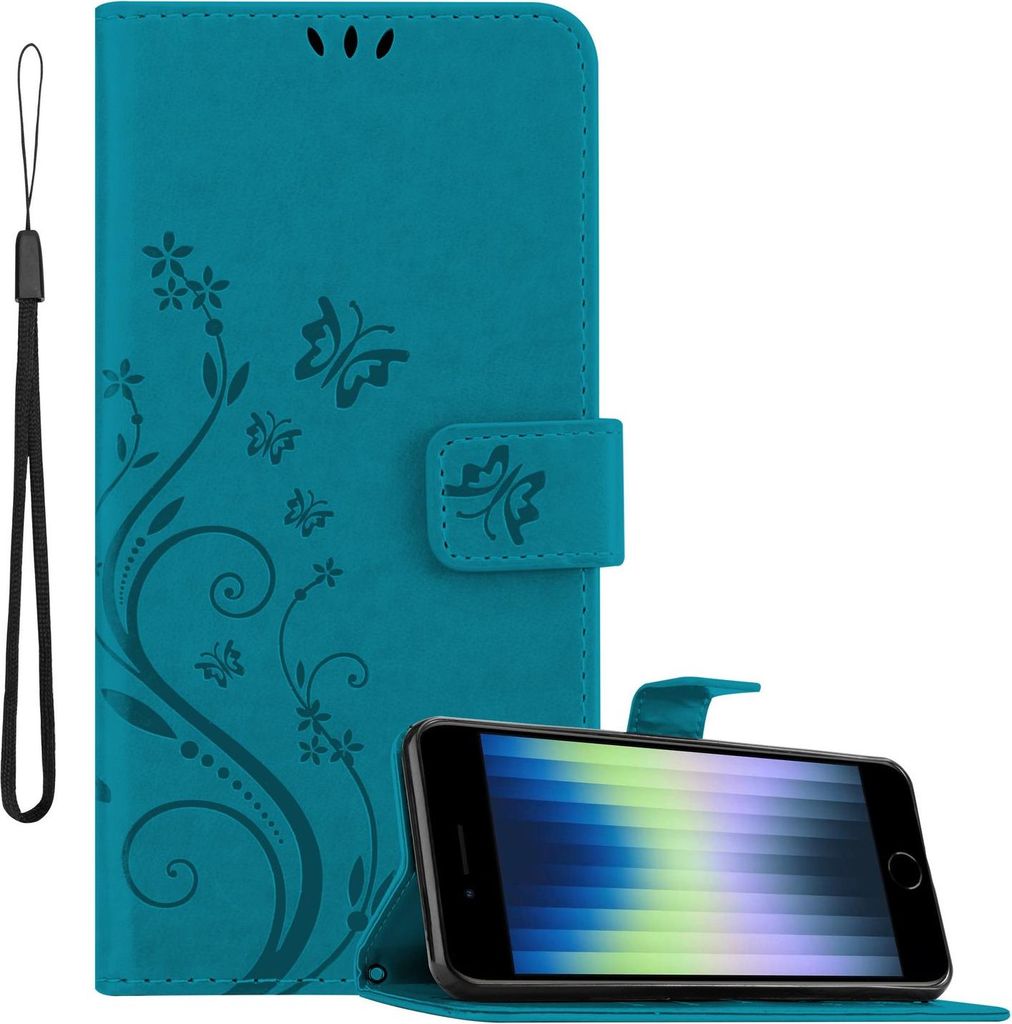 Cadorabo Hülle für Apple iPhone SE4 Hülle in FLORAL BLAU Schutzhülle im Blumen Design mit Magnetverschluss, Standfunktion und Kartenfächern Bo...