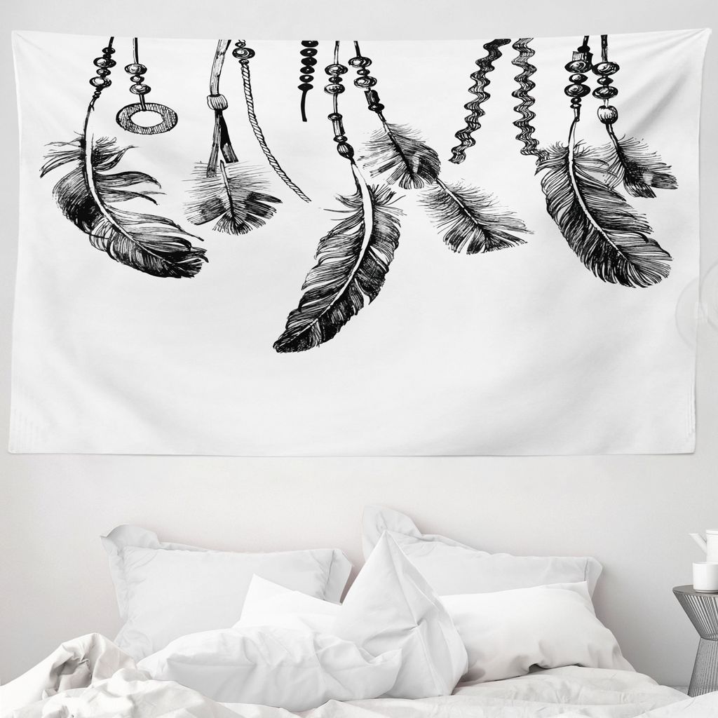 ABAKUHAUS Stammes Wandteppich, Gebürtige Federn aus Weiches Mikrofaser Stoff Waschbar ohne Verblassen Digitaldruck, 230 x 140 cm, Weiß und Schwarz