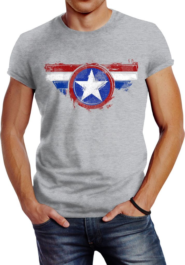 Herren T-Shirt Amerika Flagge Stern Roger Captain Slim Fit Neverless grau XS