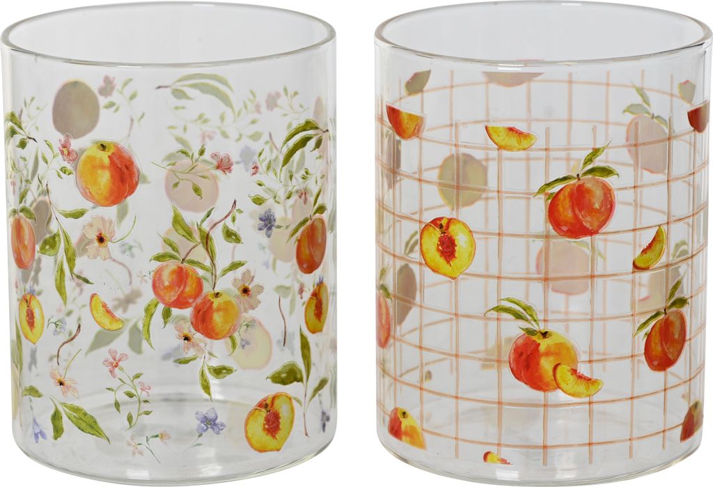 Two glass tumblers with peach and floral patterns.