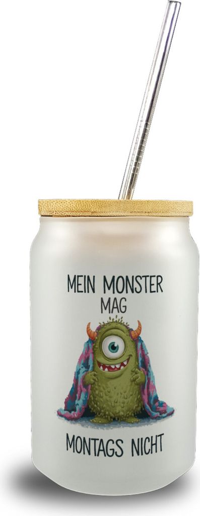 Grünes Monster mit Decke Montagsmuffel Trinkglas mit Bambusdeckel