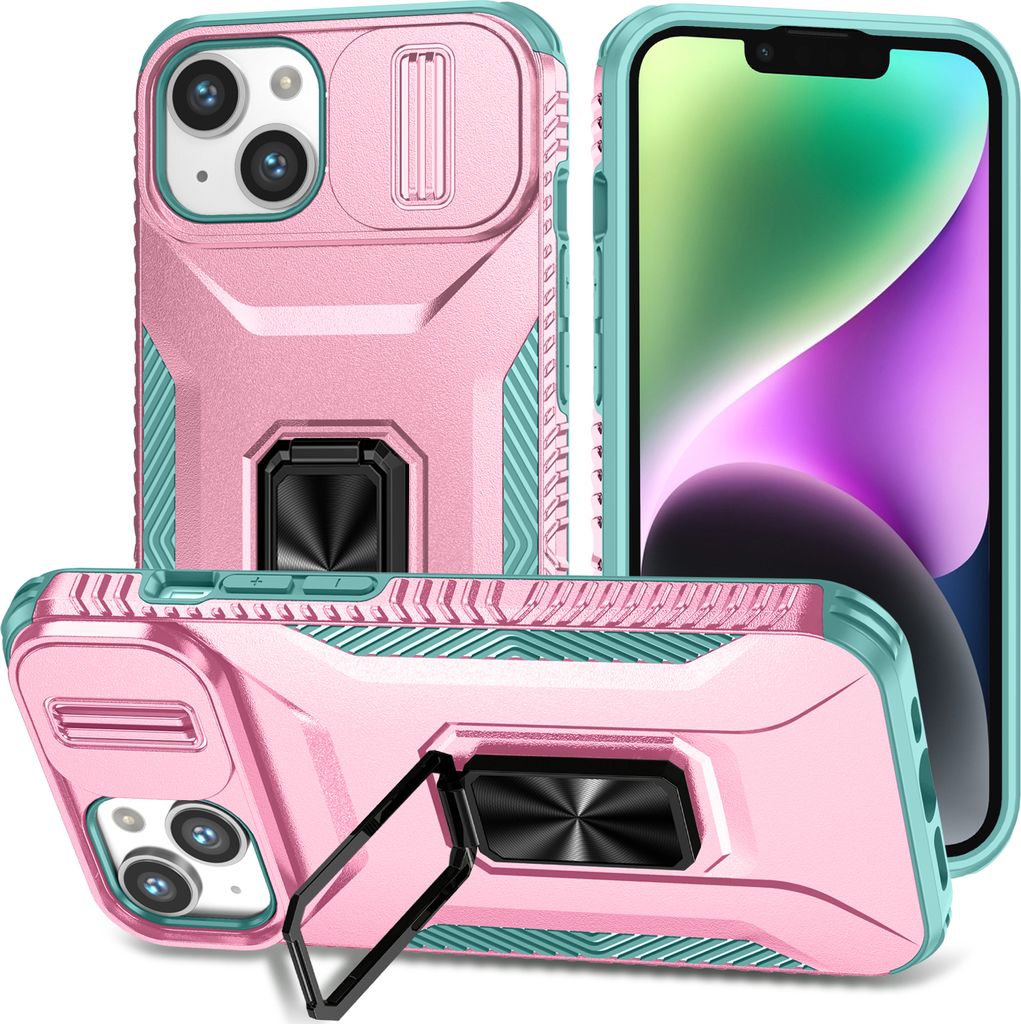 Handyhülle für iPhone 14 Dual Layer Hülle mit Schiebe Kamera Schutz und Ringhalter Ständer Pink