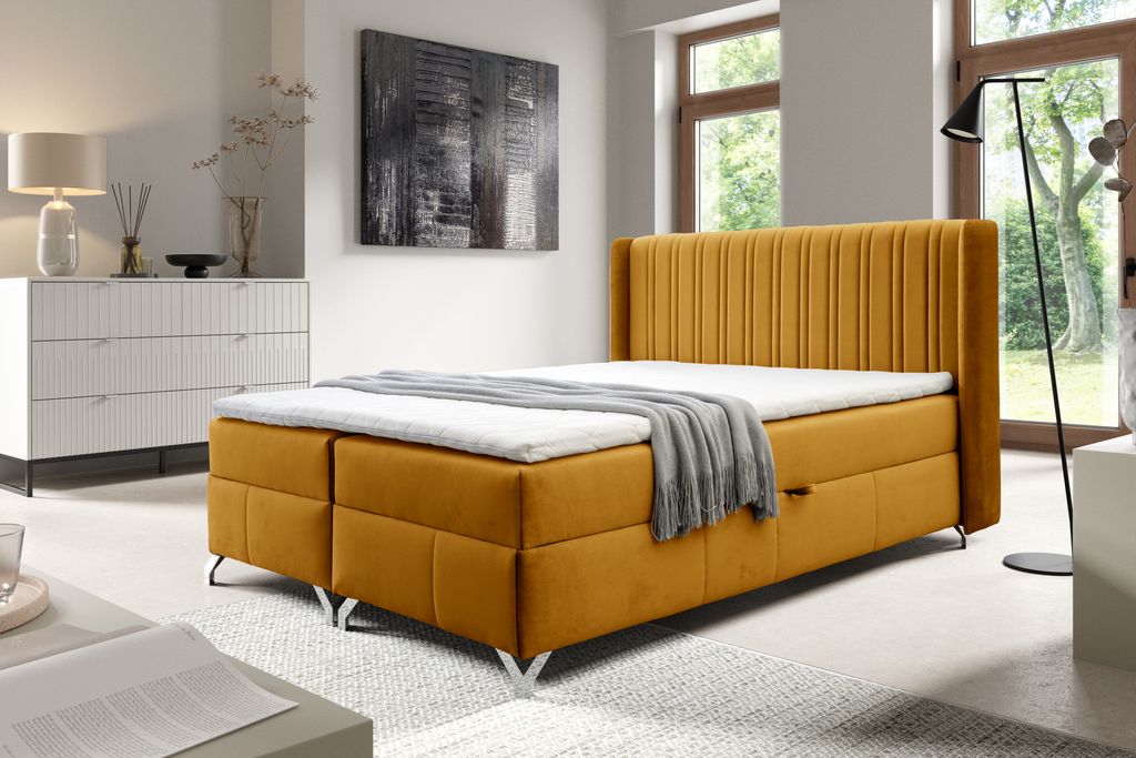 Boxspringbett MADDIE 200x200 cm, Gelb, mit Bettkasten Bett mit Topper und Bonellmatratze Polsterbett Familienbett Schlafzimmer Bett mit Stauraum (G...