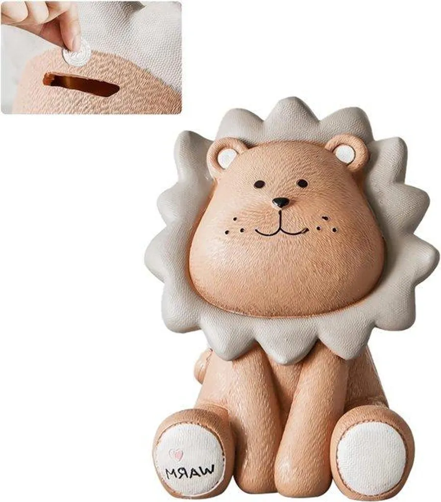 Tirelire pour enfants motif lion réutilisable en bois marron pour pièces