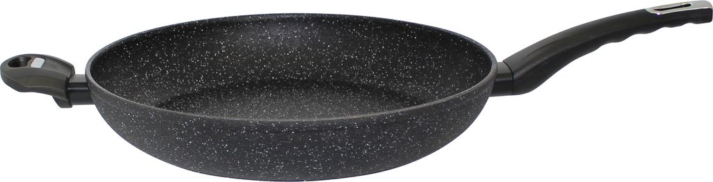 A black frying pan with a speckled granite-like finish and a black handle is shown against a white background.