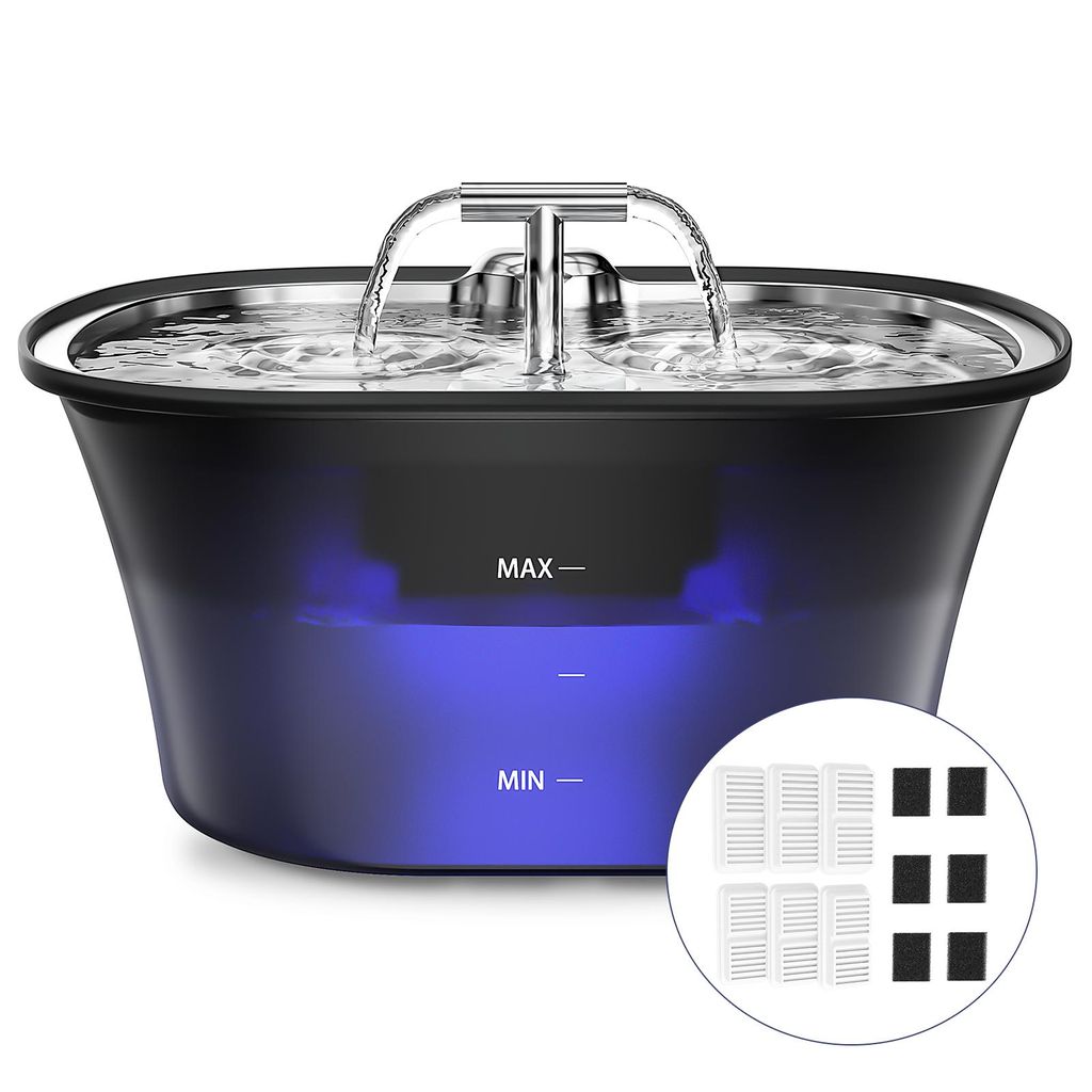 Katzenbrunnen, 2,5L Edelstahl Trinktablett, Ultra leise ,Eingebautes LED und 6 Aktivkohlefilter, Leicht zu Reinigen, Doppelauslauf-Design