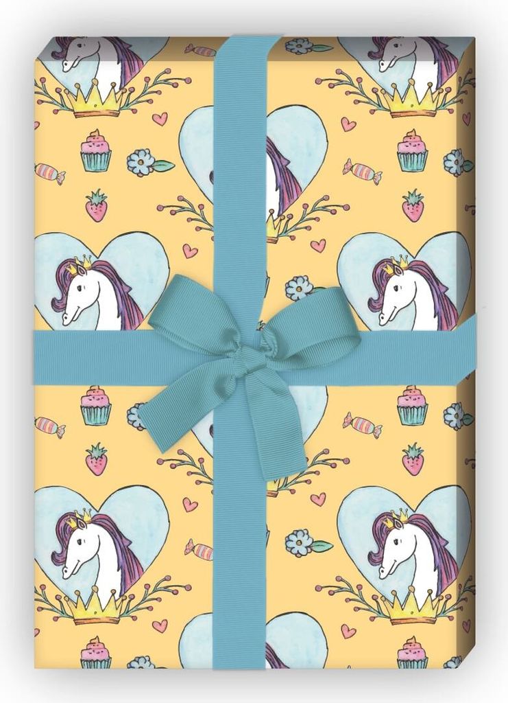 Mädchen Geschenkpapier mit Pferd in Herz mit Krone auf gelb - G7597, 32 x 48cm