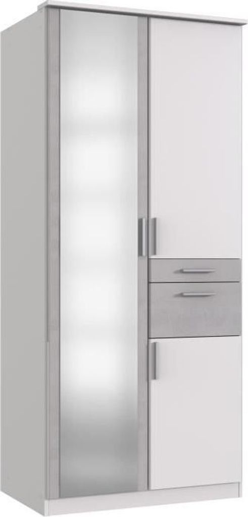 Schlafzimmerschrank - VOLOS - Weiß / Hellgrauer Beton - 3 Türen - 1 Spiegeltür - 2 Schubladen - 90 x 58 x 199 cm