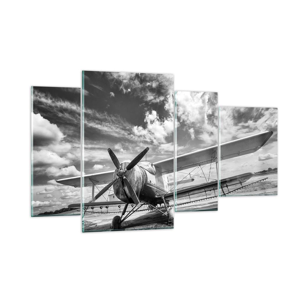 Bilder auf glas - 4 Teile - An-2 Flugzeug Schwarzweiß - 120x70cm - Glasbilder - Wandbilder - Bilder - zum Aufhängen bereit - Wanddekoration aus G...