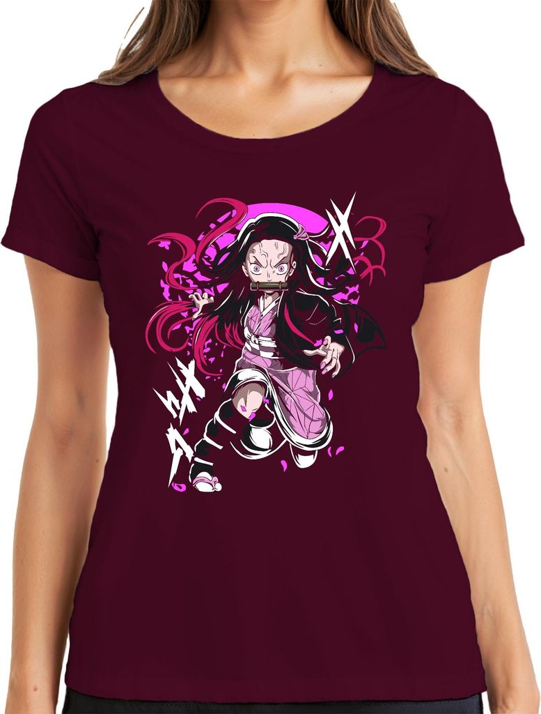Nezuko Kamado Anime Dämon Kampfpose Bambus Beißschutz rosa Manga Damen T-Shirt, Burgundy, XL