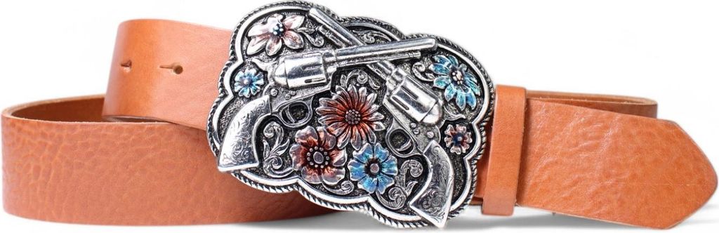 FRONHOFER Best&Timeless Damengürtel 4 cm, Gürtelschnalle Guns and Flowers, bunt emailliert