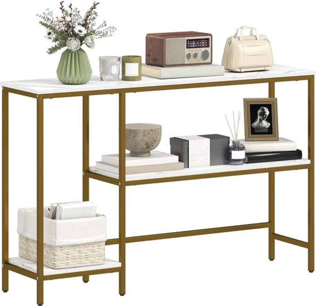 Console 3 étages mosaïque de marbre et métal doré luxe 100cm blanc