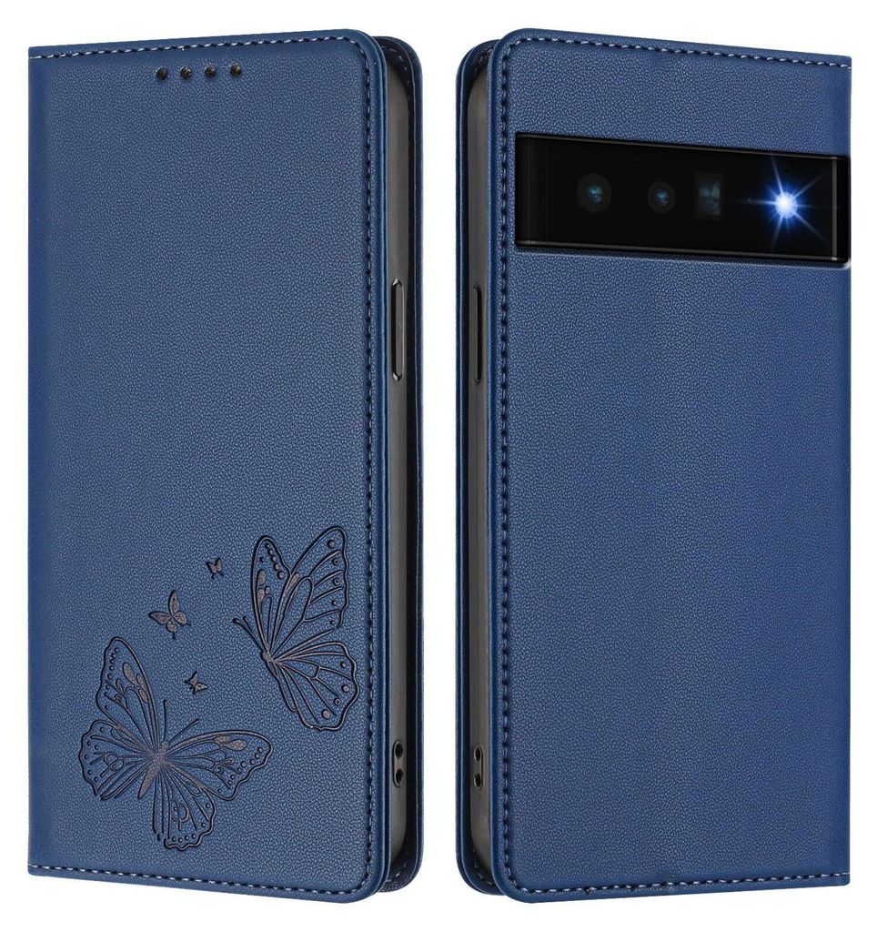 Lederhülle für Google Pixel 6 Pro, Schmetterling Prägung Leder Brieftasche Schutzhülle mit Ständer Dunkelblau