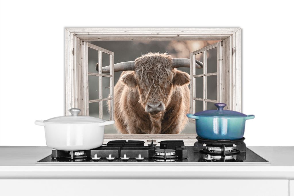 KitchenYeah Spritzschutz Küche - Küchenrückwand - Wandschutz für Herd und Spüle - Schottisches Hochlandrind - Tier - Ansicht 70x50 - Alu-Di...