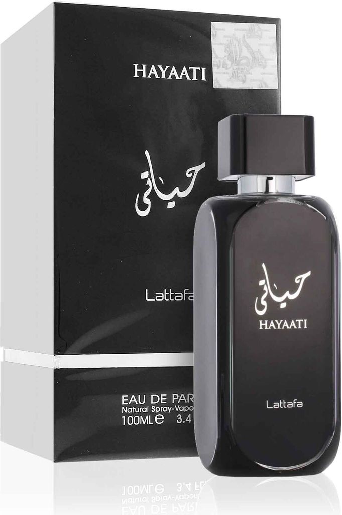 A black bottle of Lattafa Hayaati Eau de Parfum for men, displayed next to its black and white packaging.