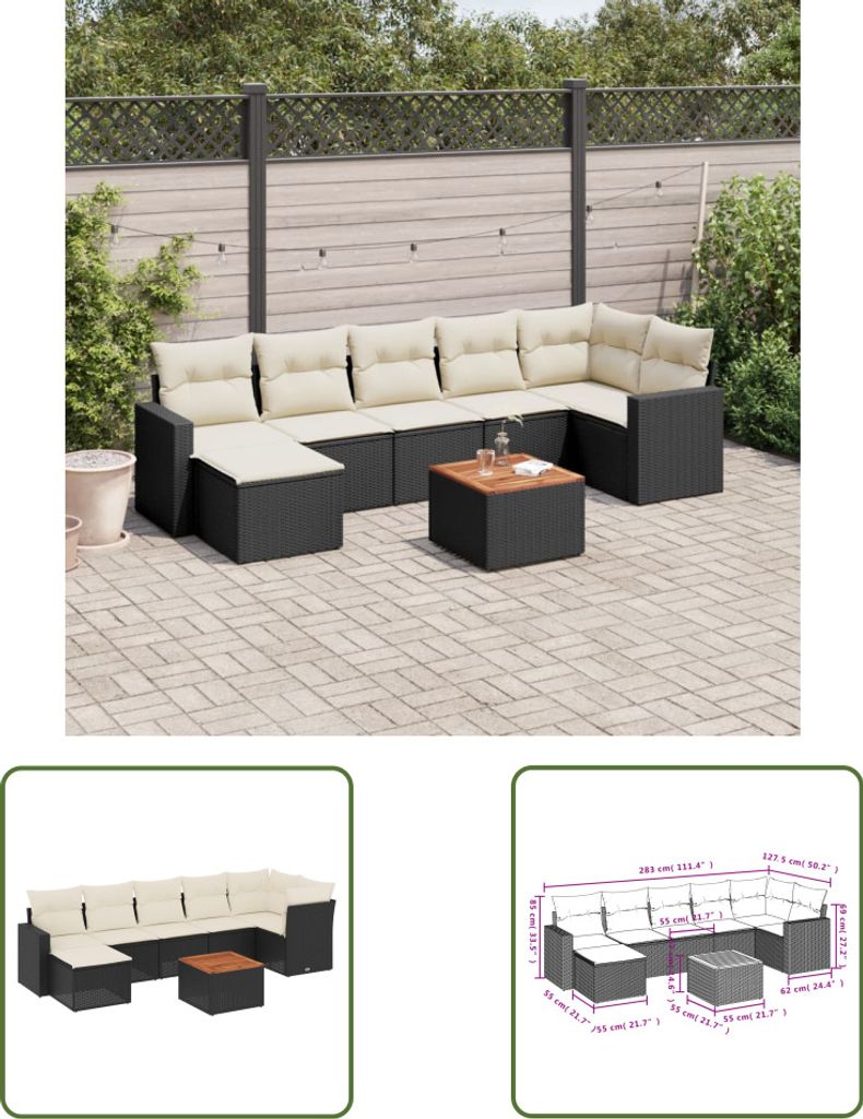 The Living Store 8-tlg. Garten-Sofagarnitur mit Kissen Schwarz Poly Rattan