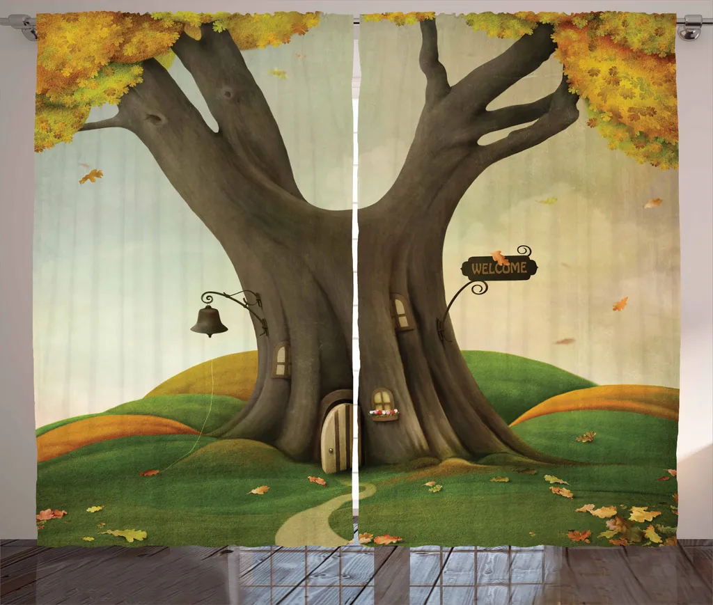 ABAKUHAUS Tenda rustica con motivo ad alberi, Cozy Baum Tunk Herbst, tenda con passanti e ganci per camera da letto, 280 x 175 cm, color seppia e verde lime