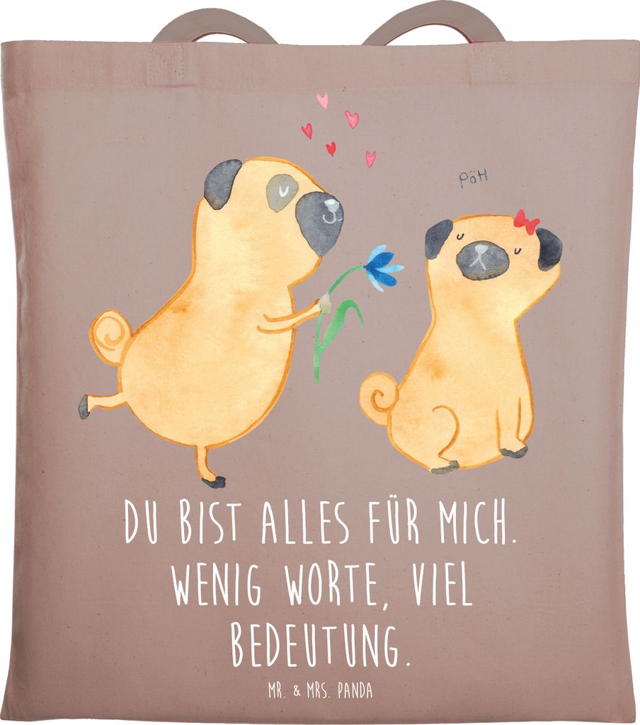 Mr. & Mrs. Panda Tote Bag Mops Verliebt - Braun Pastell - Geschenk, Tasche, Knuffig, Liebe, Tragetasche, Laptoptasche, Hund, Jutebeutel, Pure, Beut...