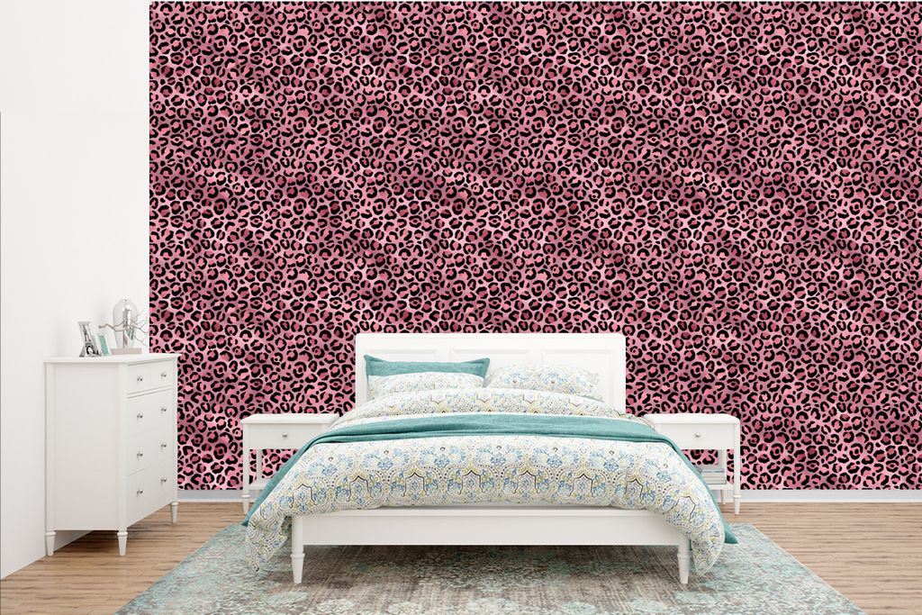MuchoWow Fototapete für Wohnzimmer oder Schlafzimmer Wandtapete Vinyl Motivtapete Panther - Rosa - Tiermotiv - Muster - 385x240 cm - Schlafzimme...