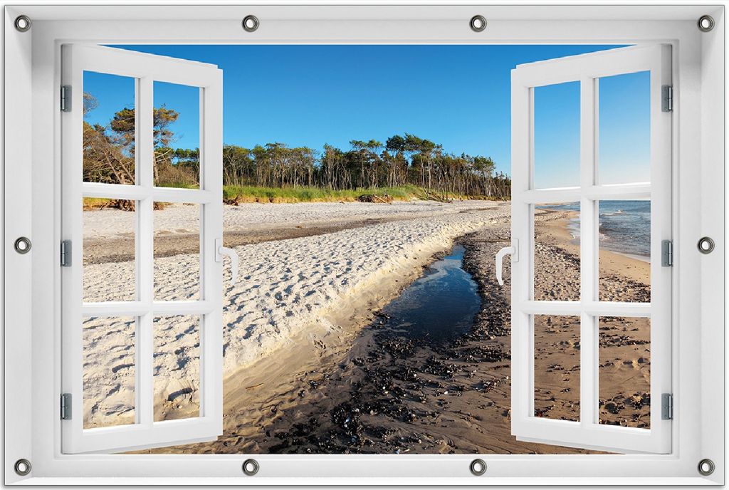 Wallario Outdoor-Poster für Garten oder Balkon 80 x 120 cm: Einsamer Strand am Meer - Blauer Himmel
