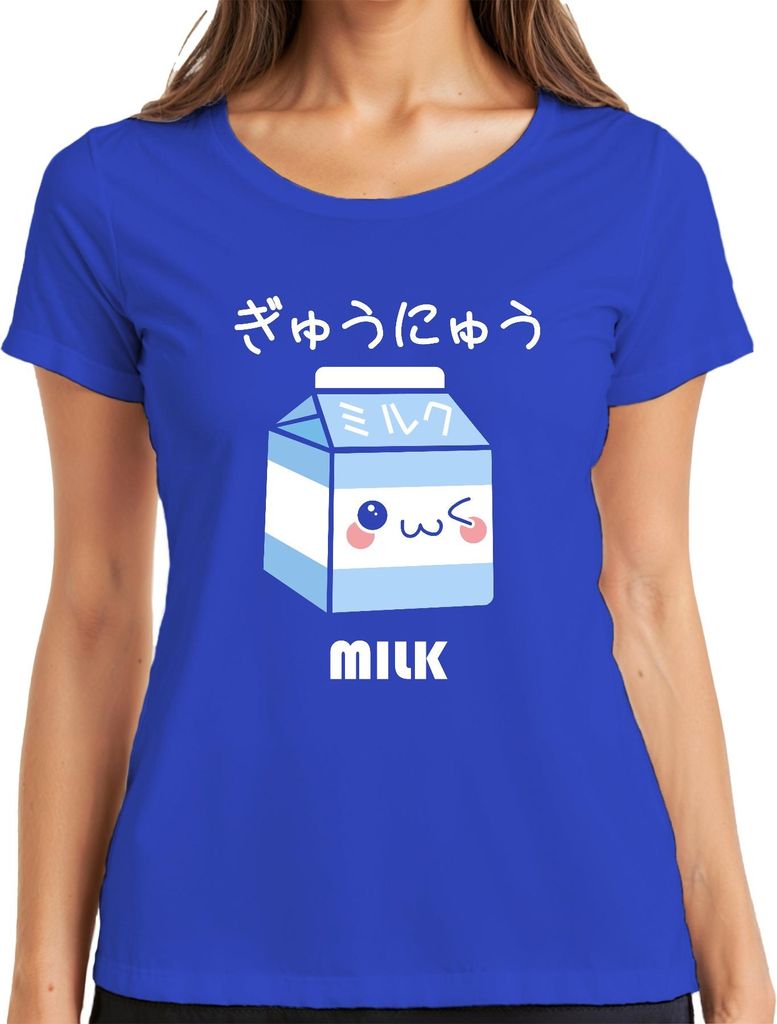 Kawaii Milchpackung süßes Gesicht japanisch ミルク ぎゅうにゅう niedlich Damen T-Shirt, Blau, XL