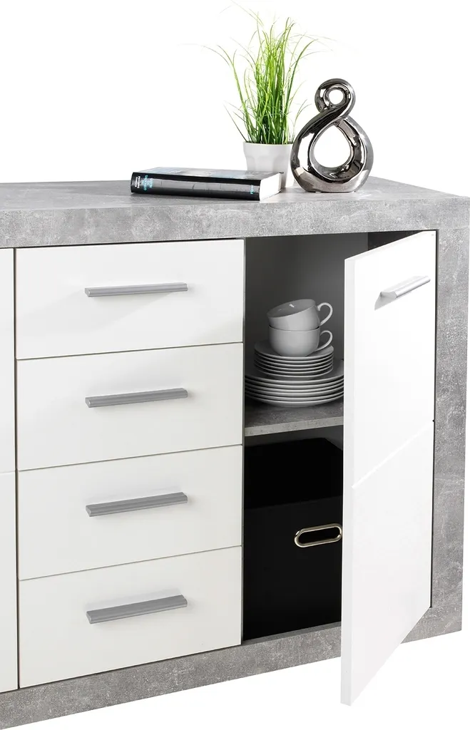 Buffet laqué blanc brillant style industriel béton avec rangements - 9