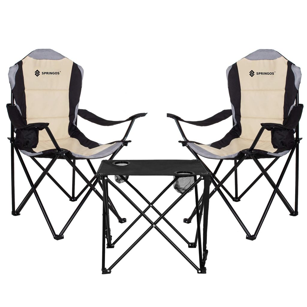 Springos Campingmöbel Set Klapptisch + 2 Campingstühle XXL Balkon Camping Beige Grau Schwarz