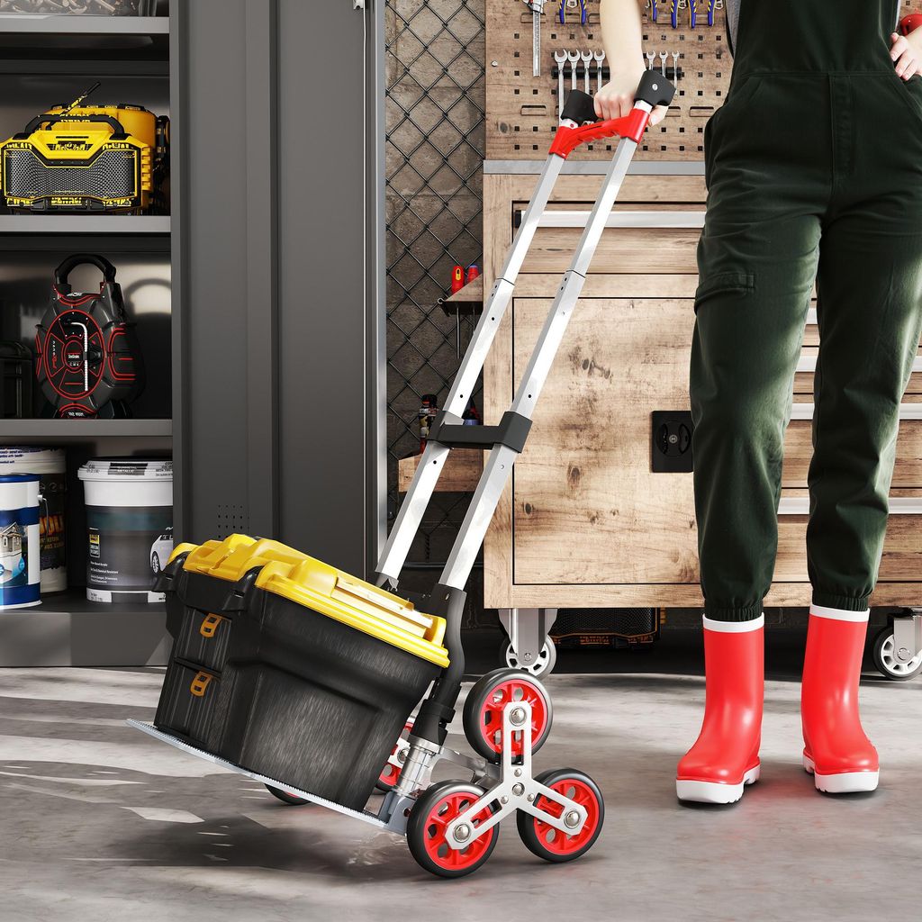 Treppensteiger Trolley klappbar, Sackkarre 6-Rad-System, Transportkarre Aluminium, Silber Rot | 70 kg / 30 kg Treppe | 46x44x100 cm | Teleskopgriff