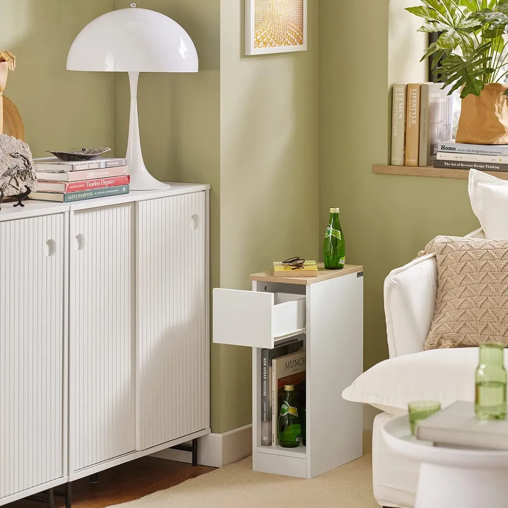 Table Basse Étroite 20cm de Large avec Tiroir en Bois Blanc pour Bureau