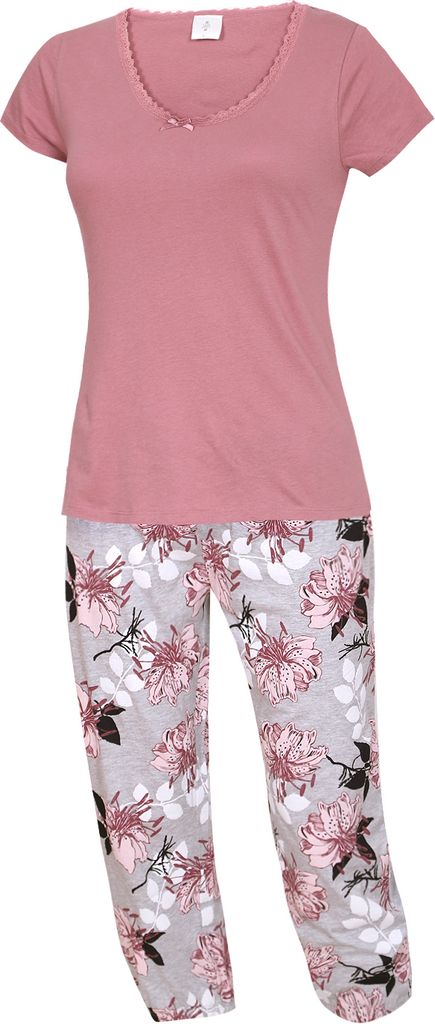 KB Nachtwäsche Schlafanzug Damen Pyjama Set mit Caprihose 100% Baumwolle S